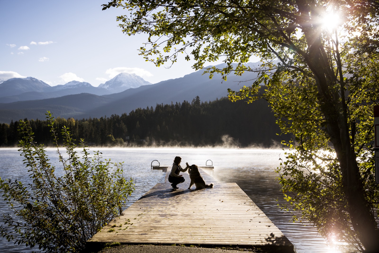 A woman crouches at the end of a misty lakeside dock at sunrise, reaching out to high-five her dog, with forested mountains rising behind them.